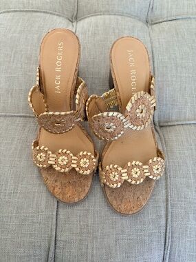 Jack Rogers Tan Woven Cork Slide Heels